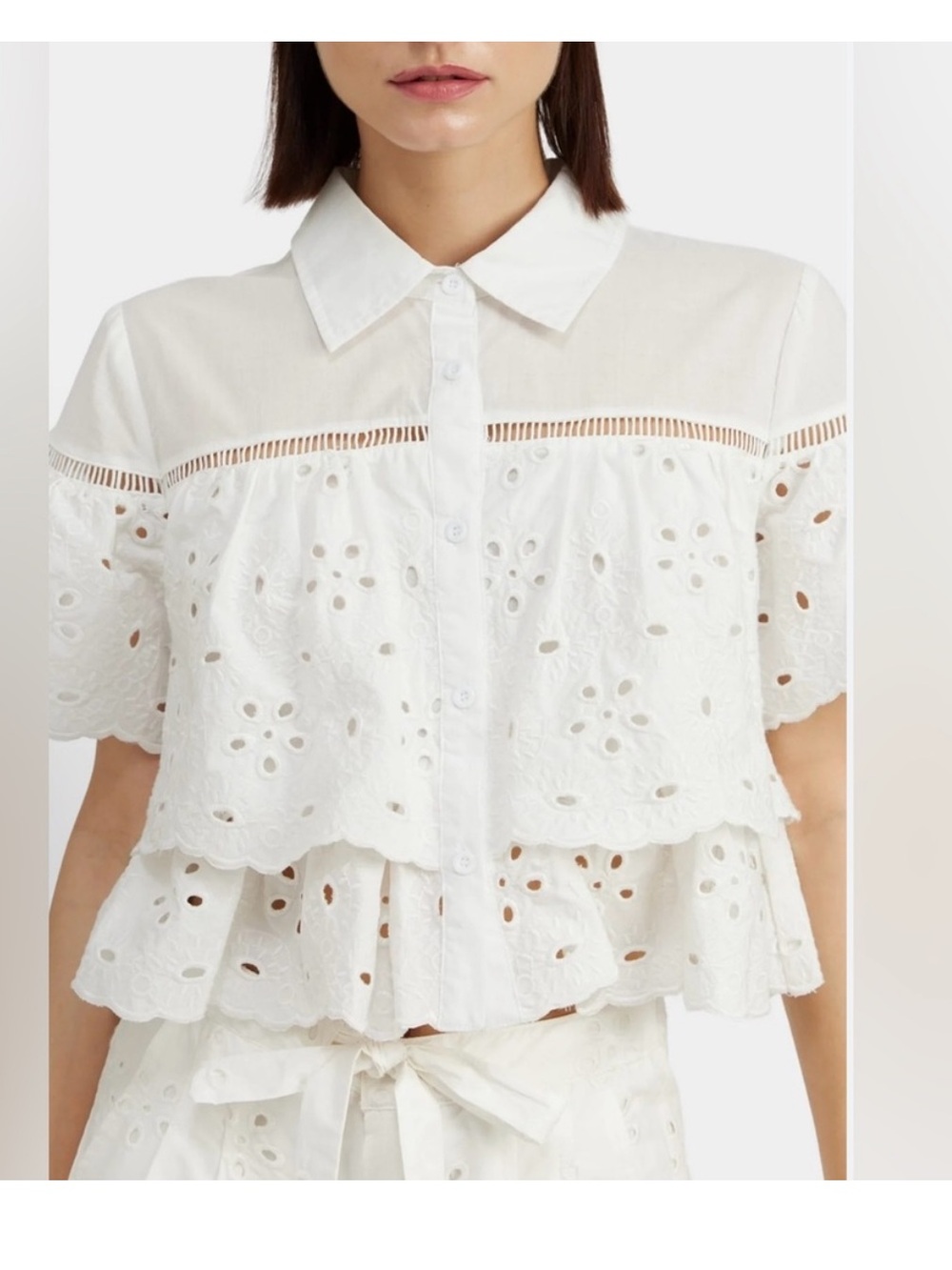 En Saison eyelet cropped button down ruffled top white boho